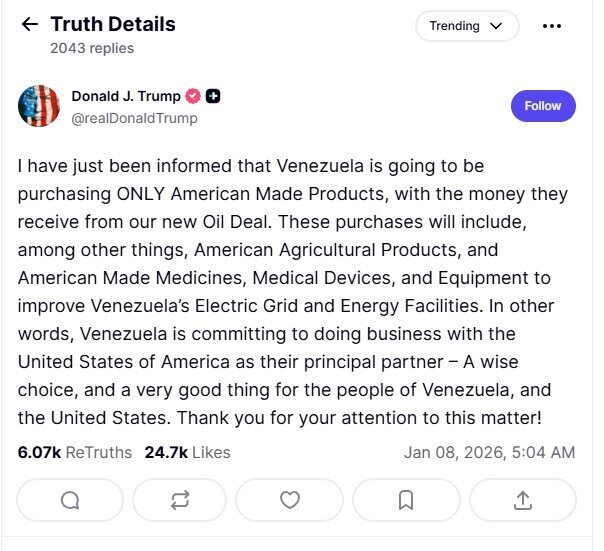 Ông Trump: Venezuela sẽ dùng tiền từ dầu mỏ để mua chỉ hàng hóa Mỹ