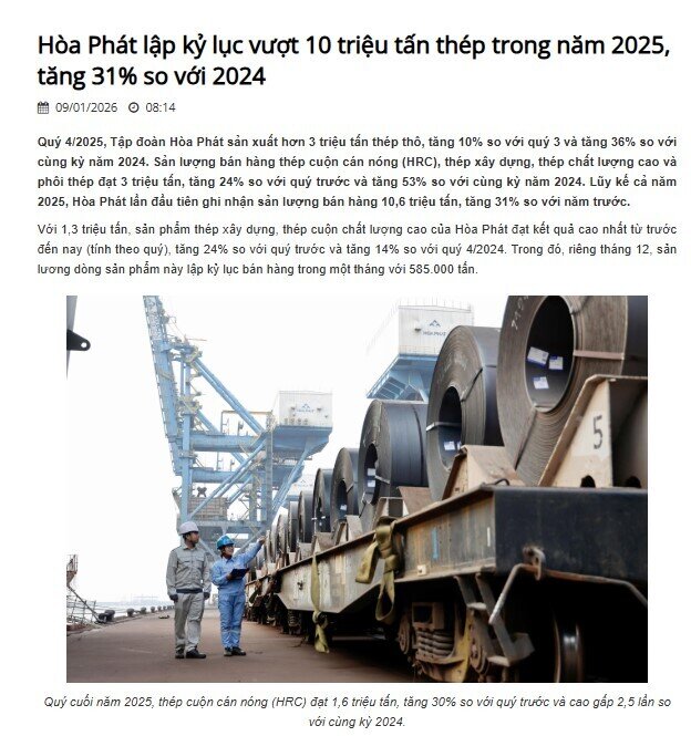 Hòa Phát (HPG) lập kỷ lục vượt 10 triệu tấn thép trong năm 2025, tăng 31% so với 2024