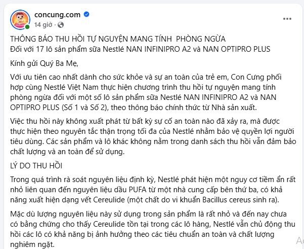 Con Cưng thu hồi 17 lô sữa Nestlé NAN, hoàn tiền trực tiếp tại quầy với đơn hàng dưới 1 triệu đồng