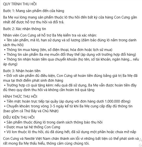 Con Cưng thu hồi 17 lô sữa Nestlé NAN, hoàn tiền trực tiếp tại quầy với đơn hàng dưới 1 triệu đồng
