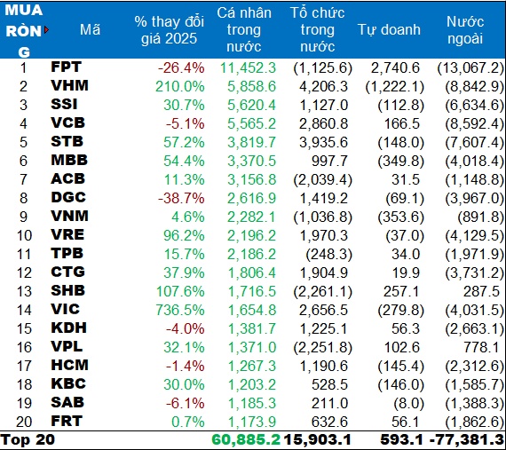 Tiền nội lên ngôi: Gần 70.000 tỷ đồng từ NĐT cá nhân chảy vào chứng khoán năm 2025