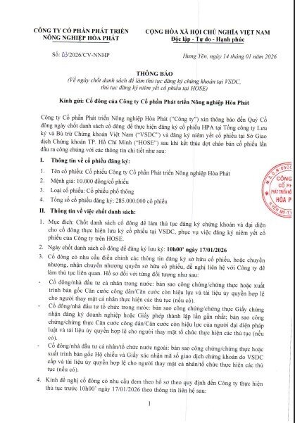 Nông nghiệp Hòa Phát (HPA) tiến một bước quan trọng đến mục tiêu niêm yết HoSE