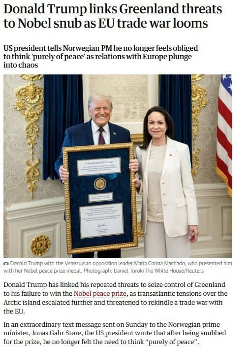 Ông Trump tuyên bố “chiếm Greenland để trả đũa việc không được trao giải Nobel Hòa Bình’