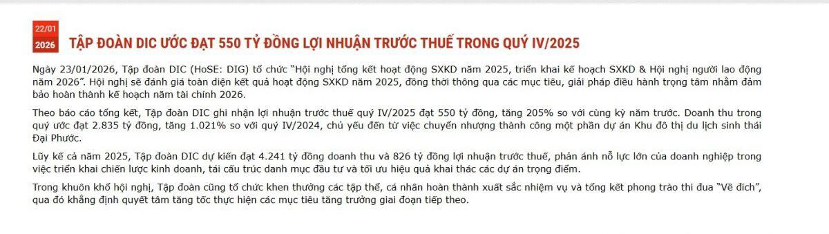 DIC Corp ước đạt 550 tỷ đồng LNTT trong quý 4/2025