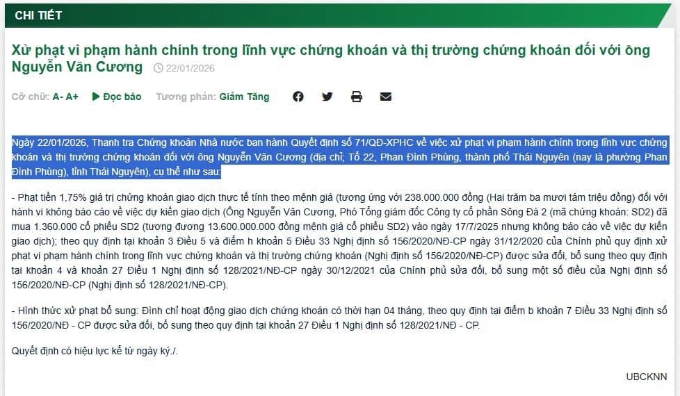 ‘Mua chui’ cổ phiếu chỉ sau 3 ngày nhậm chức, Phó TGĐ Sông Đà 2 nhận án phạt