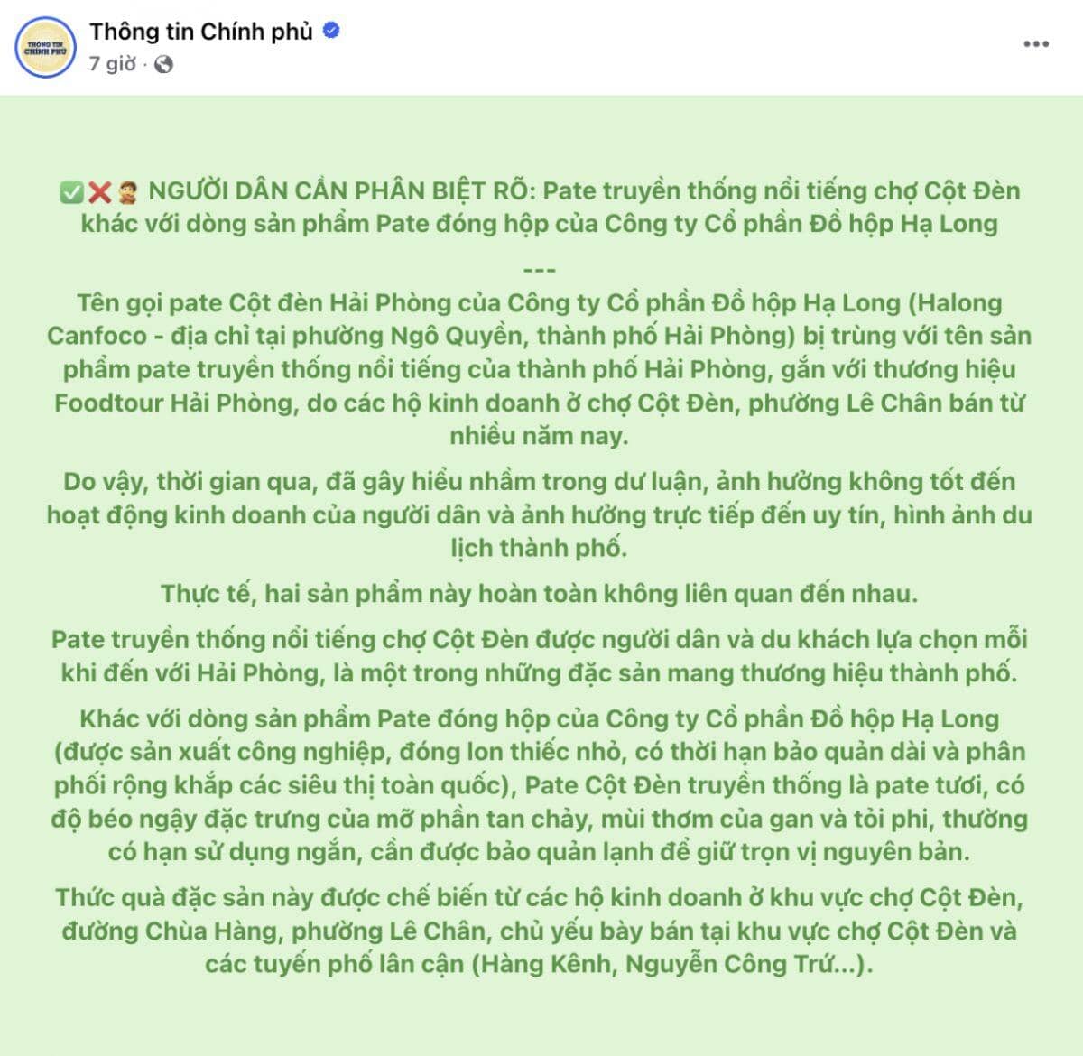 Fanpage Thông tin Chính phủ lên tiếng “minh oan” cho pate Cột Đèn Hải Phòng truyền thống