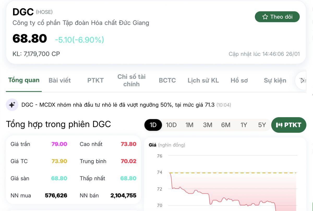 Chuyện gì xảy ra với DGC? Cổ phiếu hóa chất bất ngờ giảm sàn, khối ngoại bán tháo