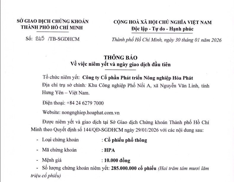 Nông nghiệp Hòa Phát (HPA) chốt ngày chào sàn HoSE
