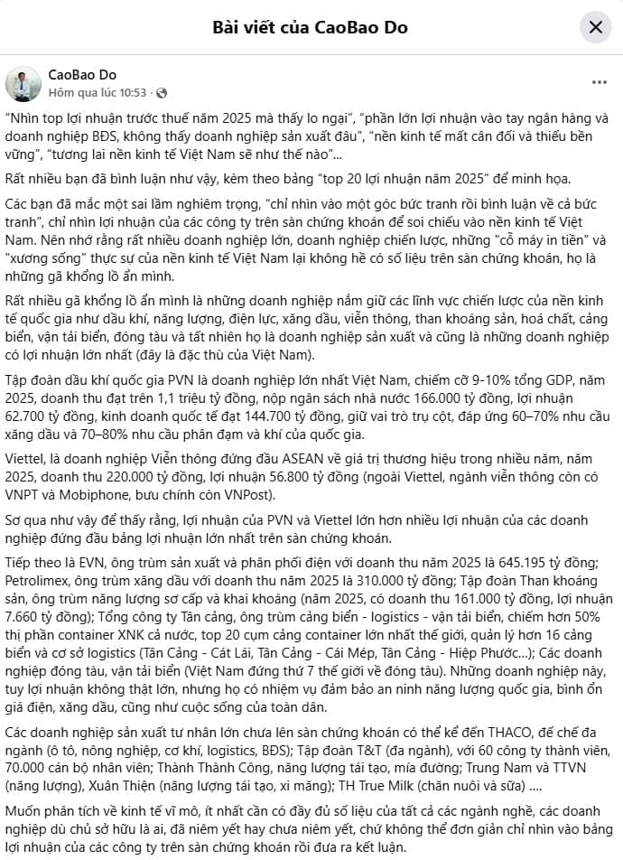 Ông Đỗ Cao Bảo: Đừng nhìn bảng lợi nhuận doanh nghiệp niêm yết rồi kết luận nền kinh tế lệch pha