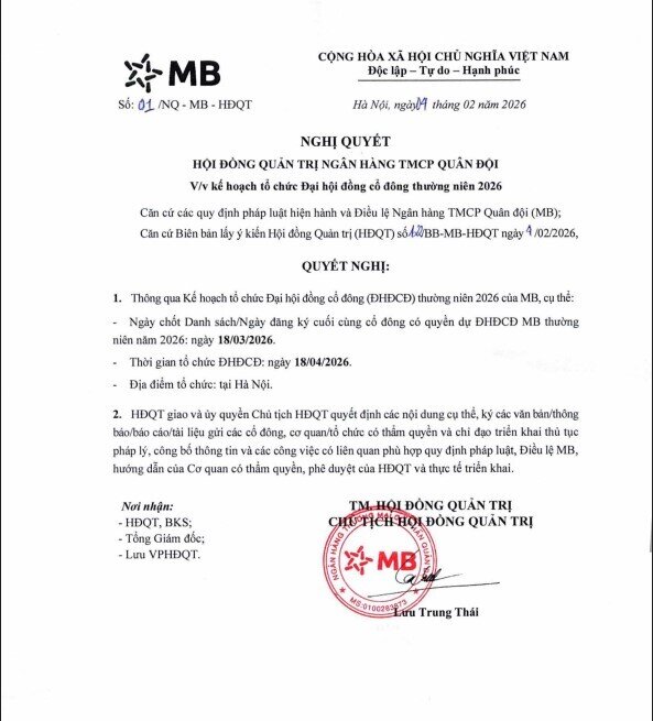 MB chốt ngày họp ĐHCĐ, bầu bổ sung thành viên HĐQT