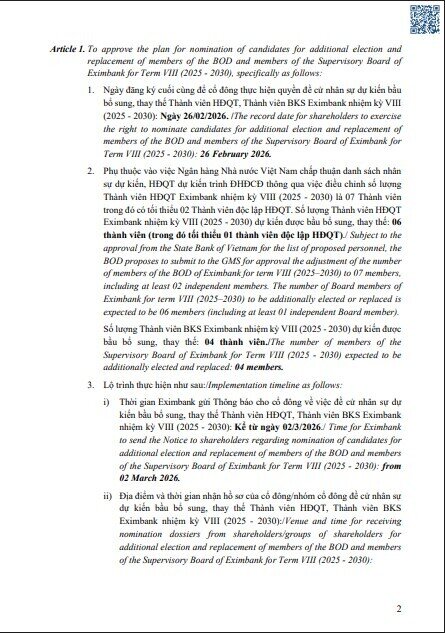 Eximbank chốt ngày họp ĐHĐCĐ 2026, dự kiến thay 6 thành viên Hội đồng quản trị