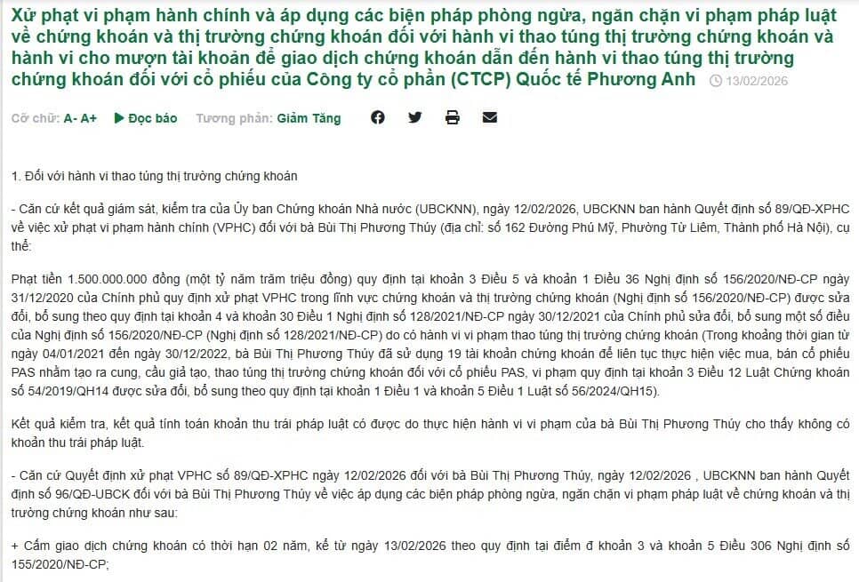 Phạt 1,5 tỷ đồng nữ NĐT thao túng giá cổ phiếu PAS của Quốc tế Phương Anh