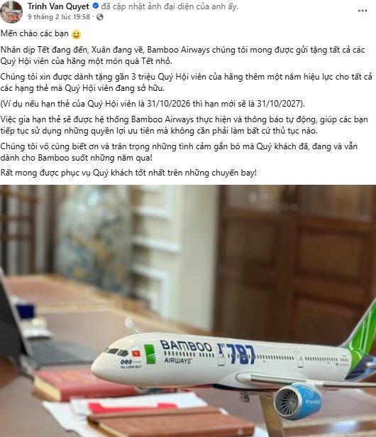 Facebook tích xanh của Trịnh Văn Quyết thông báo tặng quà gần 3 triệu người, Bamboo Airways nói gì?