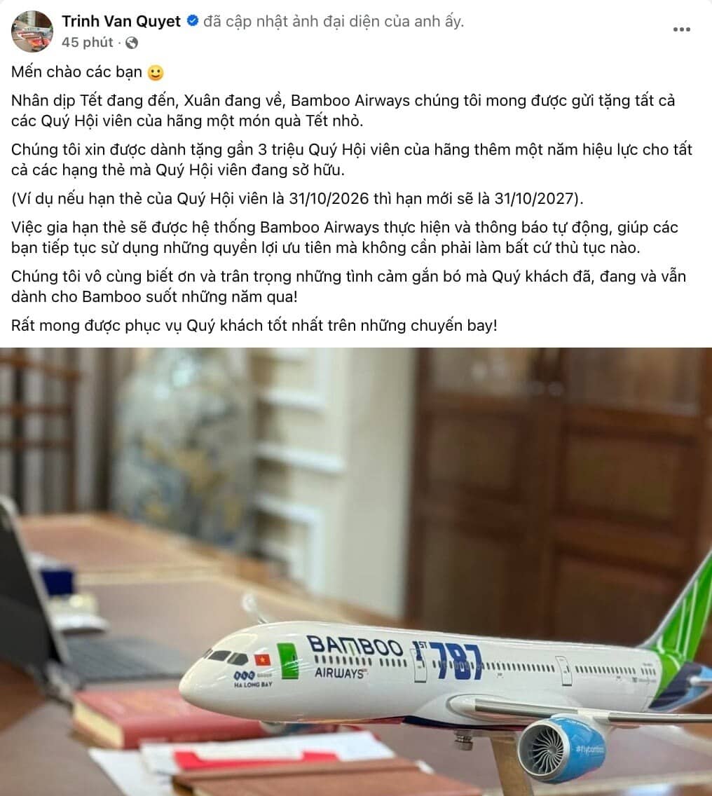 Facebook tích xanh của ông Trịnh Văn Quyết thông báo tặng quà cho gần 3 triệu người, Bamboo Airways nói gì?