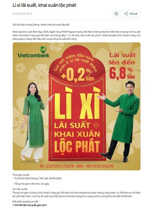 Vietcombank tăng lãi suất tiền gửi dịp Tết Bính Ngọ 2026