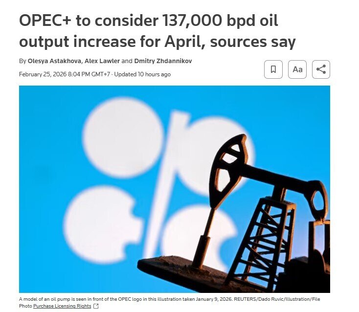 OPEC+ có thể tăng sản lượng dầu thô thêm 137.000 thùng/ngày trong tháng 4