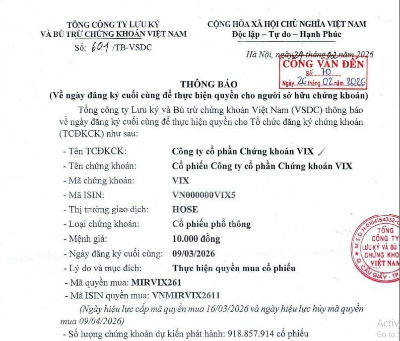 Chứng khoán VIX chốt quyền chào bán 918 triệu cổ phiếu