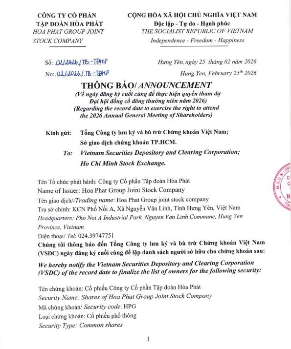 Hòa Phát ấn định ngày họp ĐHĐCĐ thường niên 2026