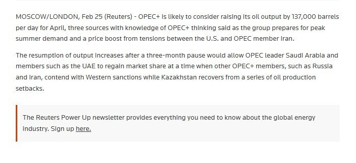 OPEC+ có thể tăng sản lượng dầu thô thêm 137.000 thùng/ngày trong tháng 4