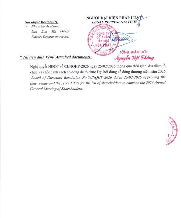 Hòa Phát ấn định ngày họp ĐHĐCĐ thường niên 2026