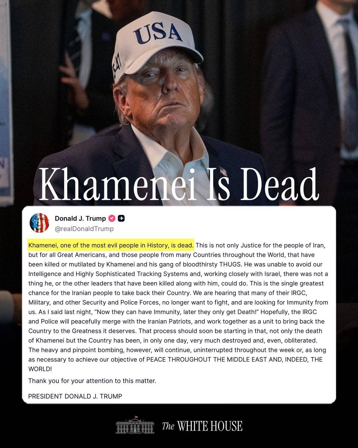 Ông Trump tuyên bố Lãnh tụ Tối cao Iran đã bị hạ sát