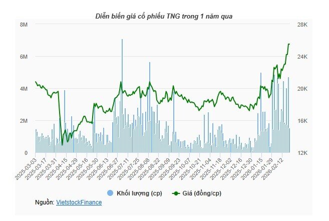TNG vượt 1,200 tỷ đồng doanh thu 2 tháng đầu năm, cổ phiếu leo đỉnh cũ