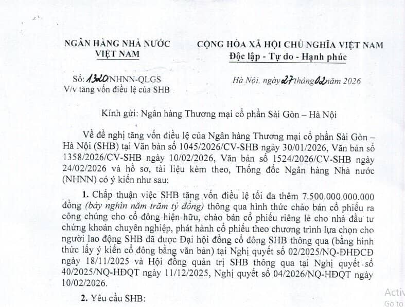 SHB được NHNN chấp thuận tăng vốn điều lệ lên 53.442 tỷ đồng