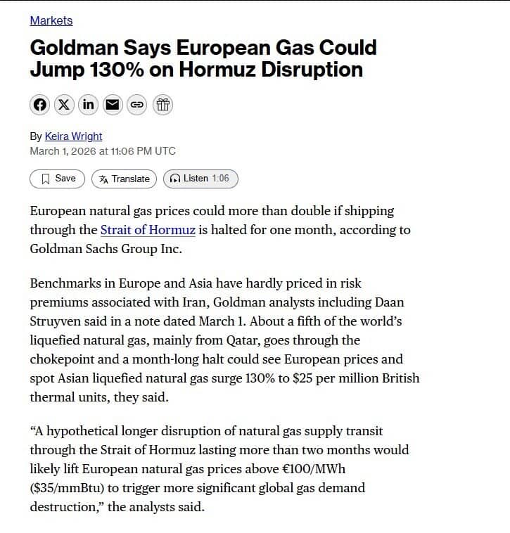 Goldman Sachs cảnh báo: Giá khí đốt châu Âu có thể tăng 130% chỉ trong 1 tháng vì xung đột ở Iran