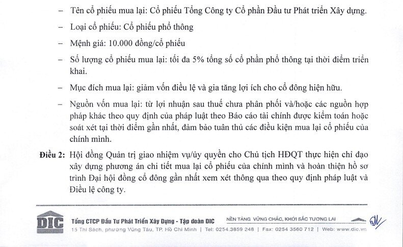 DIC Corp (DIG) lên kế hoạch mua lại tối đa 5% cổ phiếu để giảm vốn điều lệ