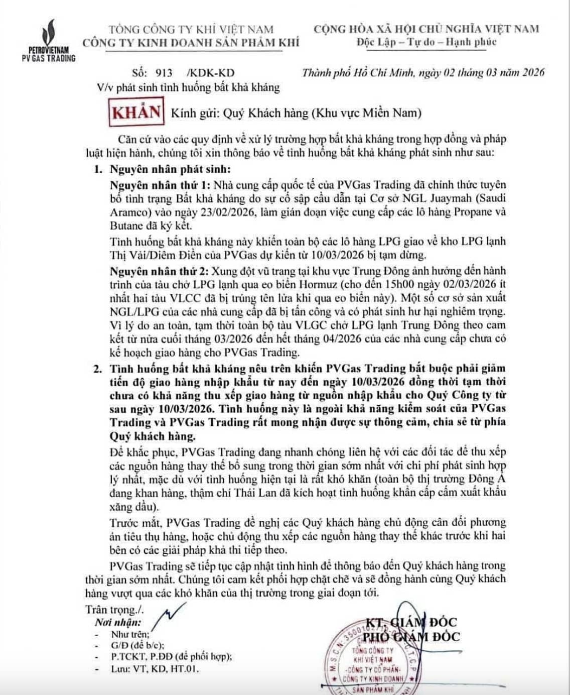 Thông báo khẩn: Nguồn cung Gas (LPG) nhập khẩu của PVGas Trading đứt gãy vì biến động Trung Đông