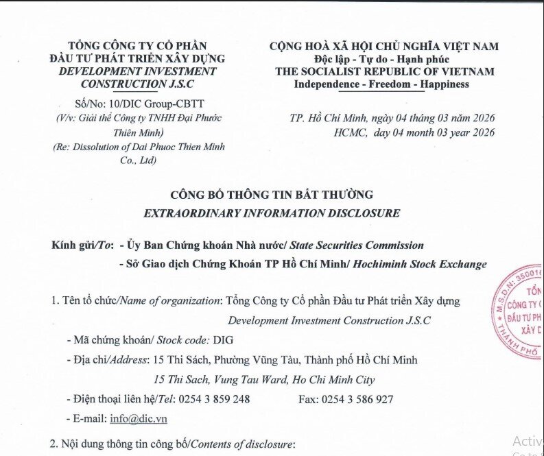 DIC Corp (DIG) hoàn tất giải thể công ty con đầu tư dự án thành phần thuộc Khu đô thị Đại Phước