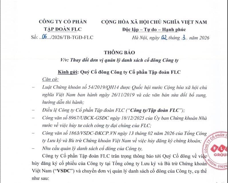 VSDC hủy đăng ký hơn 700 triệu cổ phiếu của Tập đoàn FLC