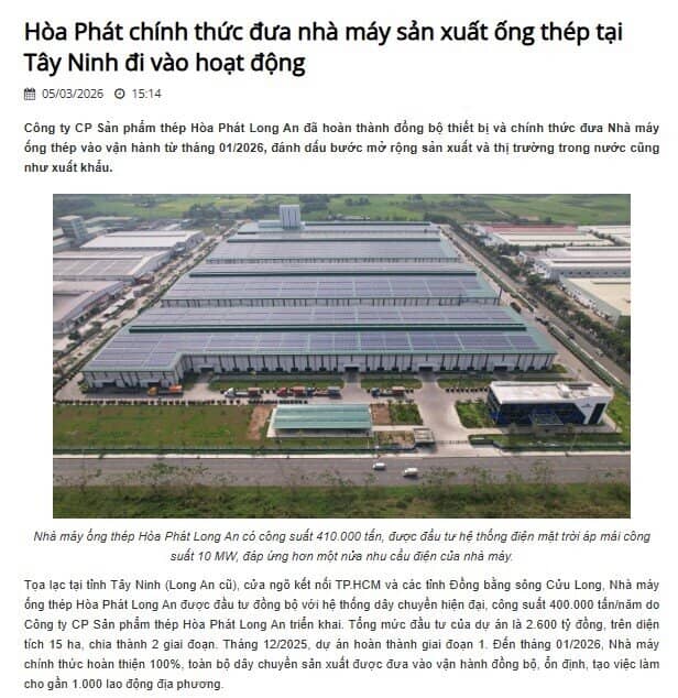 Hòa Phát chính thức vận hành nhà máy ống thép công suất 410.000 tấn/năm