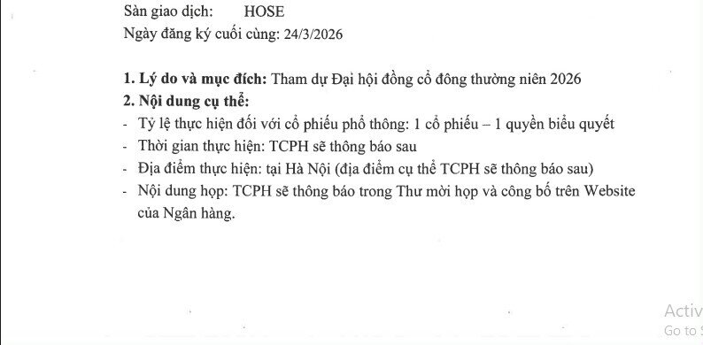 Techcombank (TCB) ấn định ngày chốt quyền tham dự ĐHĐCĐ năm 2026