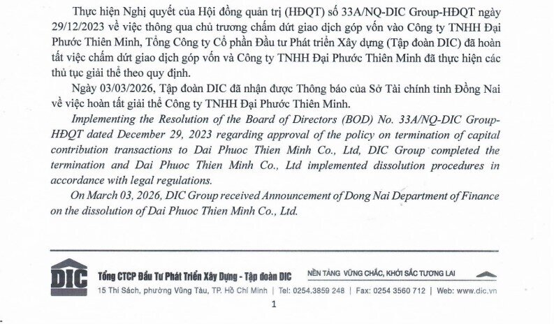 DIC Corp (DIG) hoàn tất giải thể công ty con đầu tư dự án thành phần thuộc Khu đô thị Đại Phước
