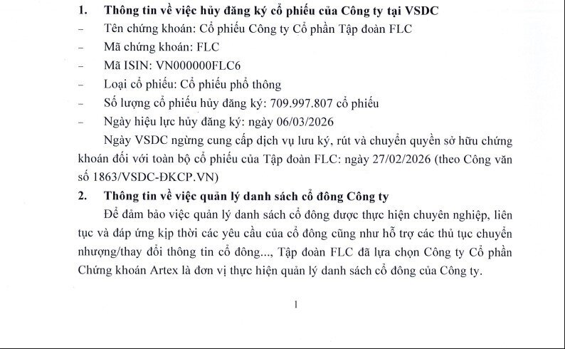 VSDC hủy đăng ký hơn 700 triệu cổ phiếu của Tập đoàn FLC