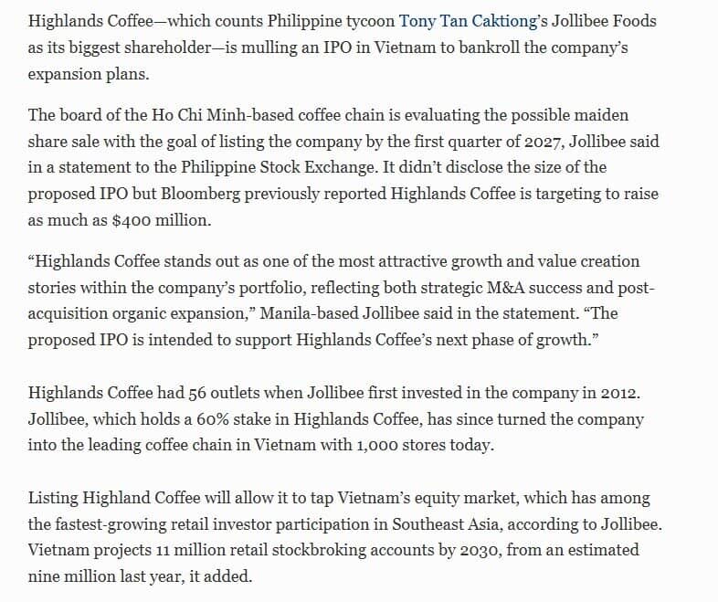 Highlands Coffee có thể IPO vào quý I/2027
