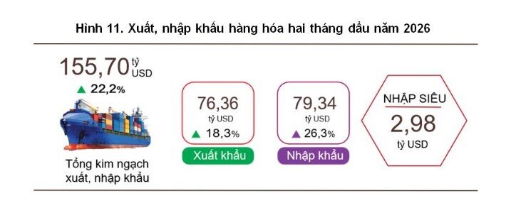 Việt Nam nhập siêu gần 3 tỷ USD trong hai tháng đầu năm 2026