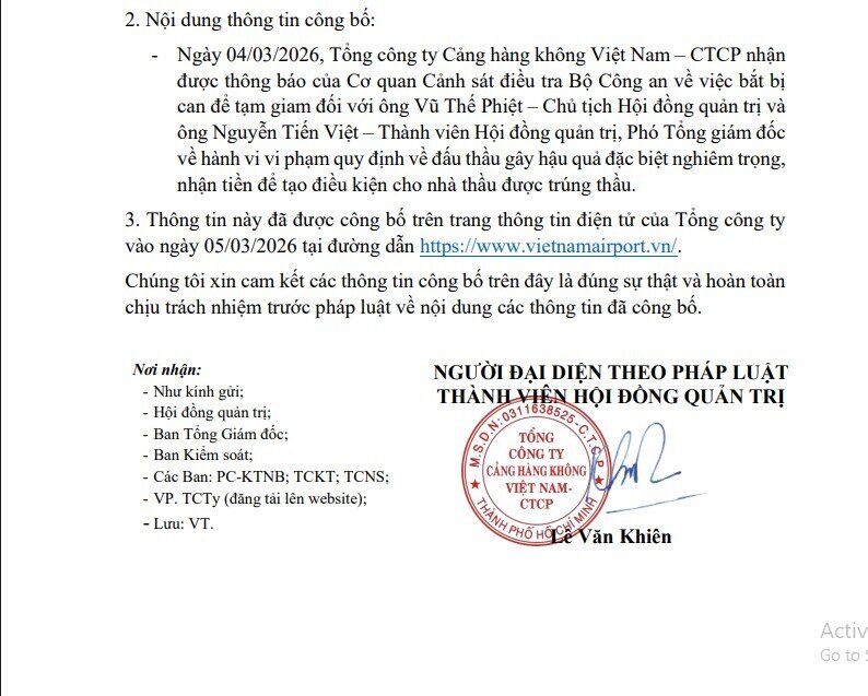 Chủ tịch ACV Vũ Thế Phiệt bị bắt vì gây hậu quả đặc biệt nghiêm trọng