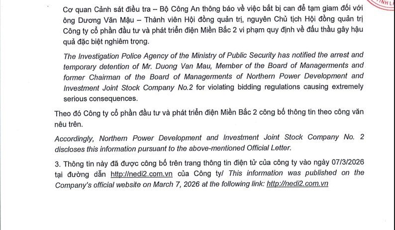 Bắt tạm giam ông Dương Văn Mậu – Thành viên HĐQT, nguyên Chủ tịch HĐQT NEDI2