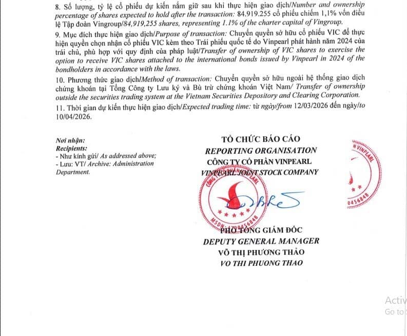 Thương vụ nghìn tỷ: Vinpearl sắp chuyển nhượng 90 triệu cổ phiếu VIC, giá trị hơn 14.000 tỷ đồng