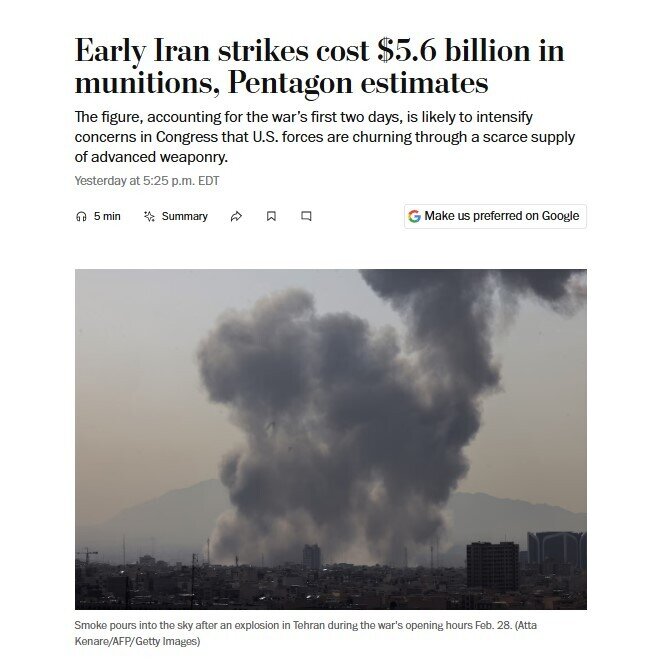 Lầu Năm Góc: Mỹ ‘đốt’ 5,6 tỷ USD vũ khí chỉ trong hai ngày đầu tấn công Iran, hiện phải dùng bom rẻ tiền