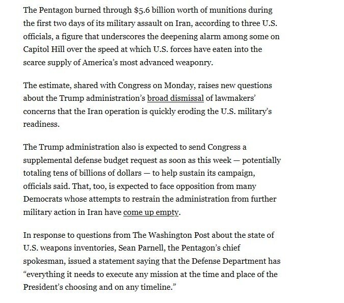 Lầu Năm Góc: Mỹ ‘đốt’ 5,6 tỷ USD vũ khí chỉ trong hai ngày đầu tấn công Iran, hiện phải dùng bom rẻ tiền