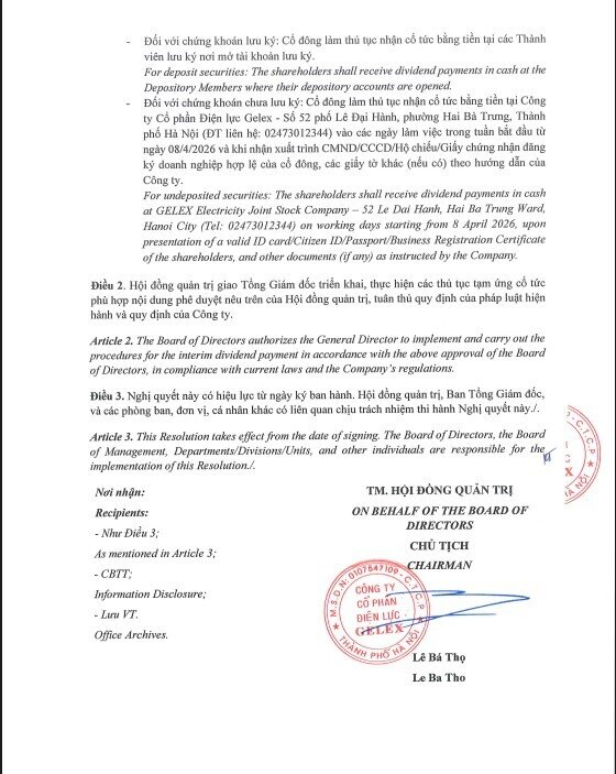 GEE tạm ứng cổ tức đợt 2/2025 tỷ lệ 25%