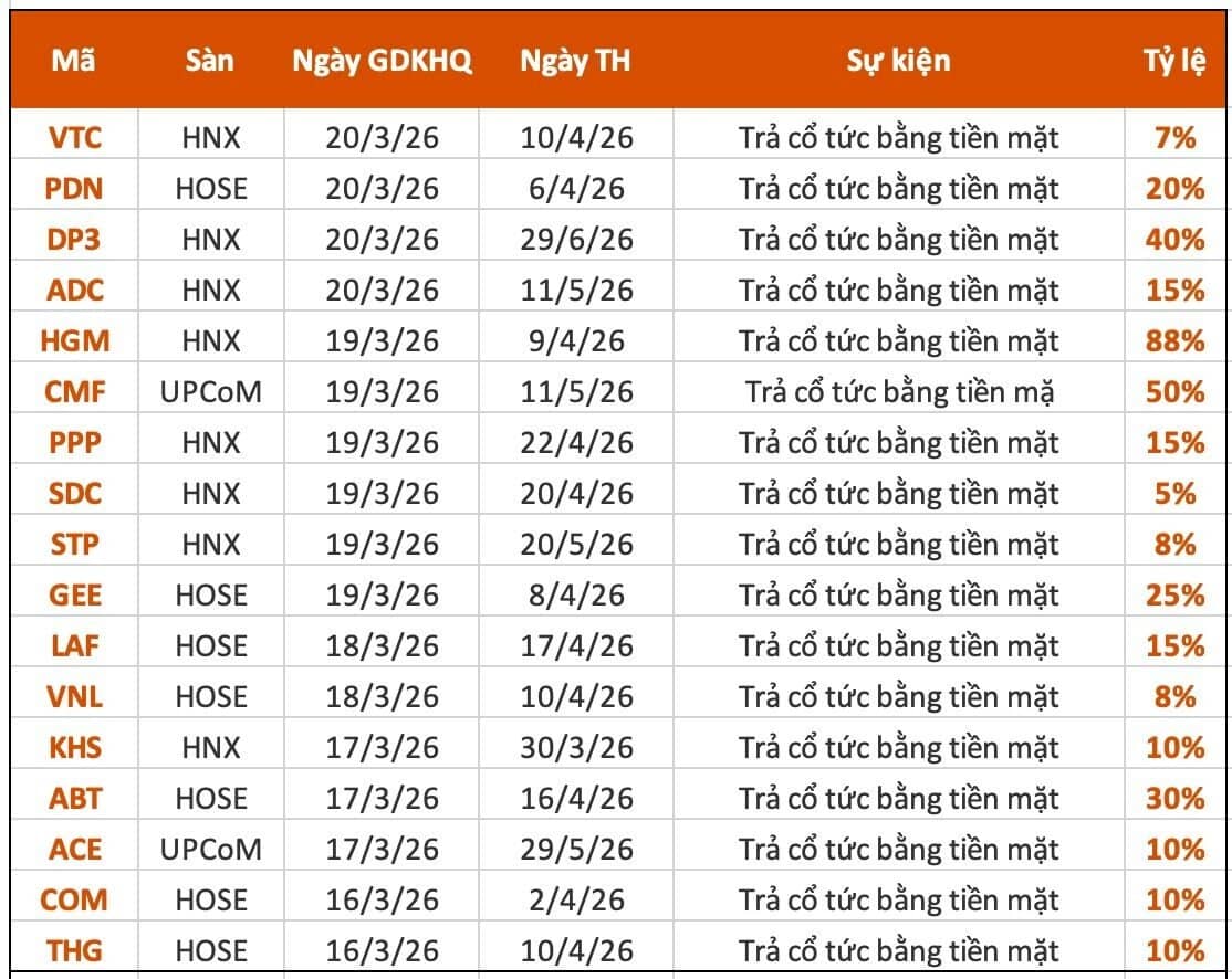 Cổ tức tuần 16-20/3: "Mưa tiền mặt" đổ bộ, có mã chi trả tới 88%