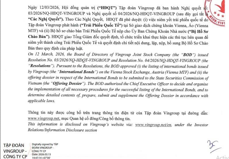Vingroup phê duyệt niêm yết 350 triệu USD trái phiếu quốc tế tại Áo