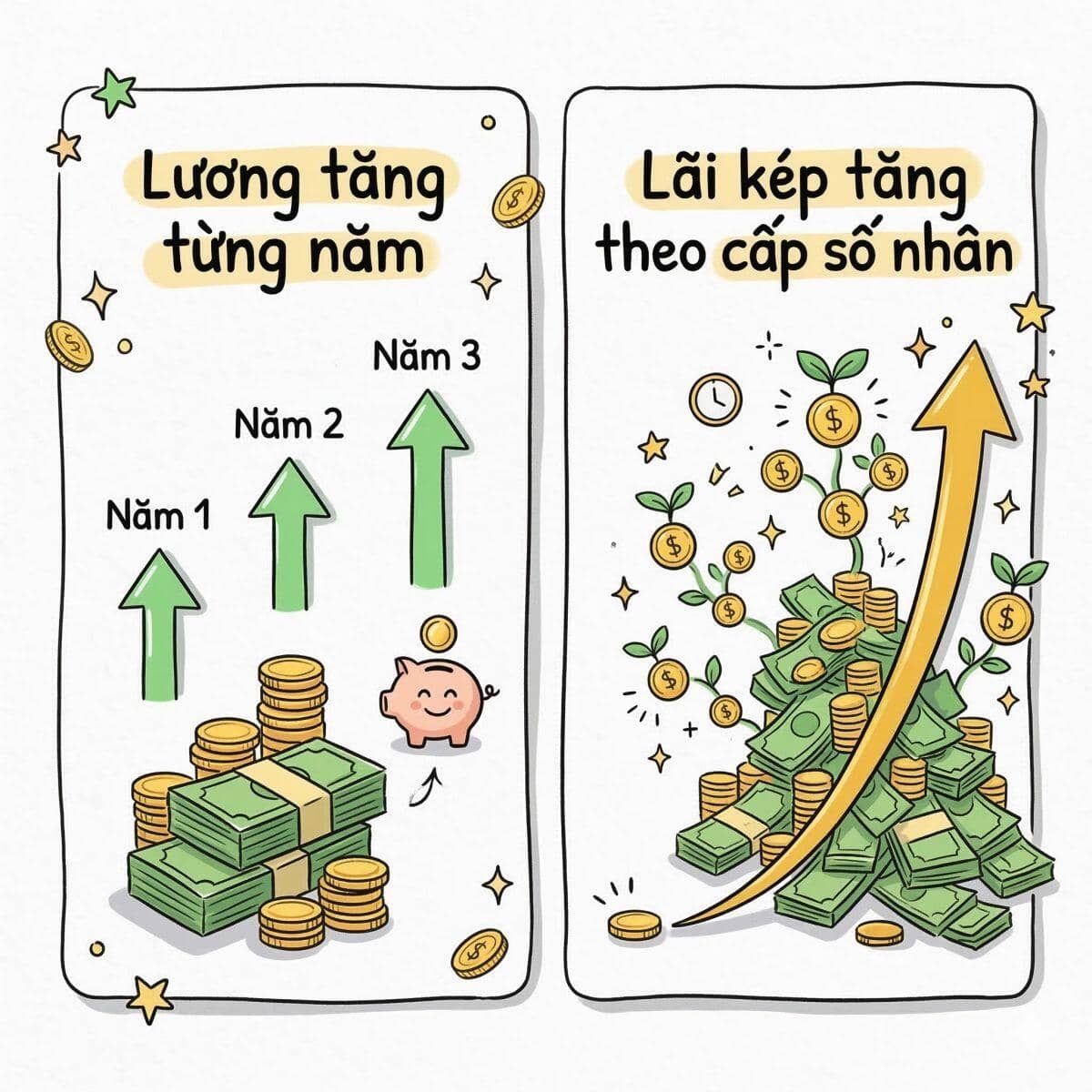 Tiền lương chỉ tăng từng năm nhưng lãi kép tăng theo cấp số nhân, tại sao không?