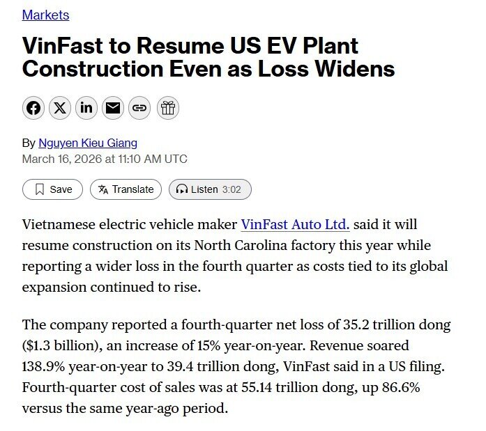 VinFast khởi động lại việc xây dựng nhà máy tại Mỹ