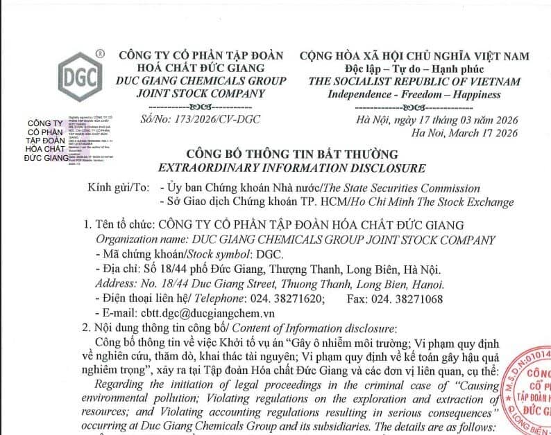 Hóa chất Đức Giang (DGC) ra thông báo mới nhất liên quan việc lãnh đạo bị khởi tố