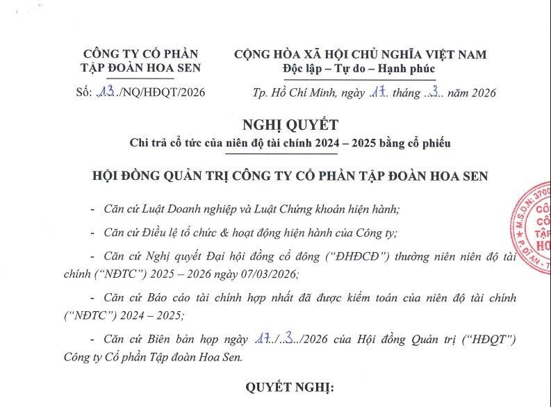 Hoa Sen Group trả cổ tức tỷ lệ 30%